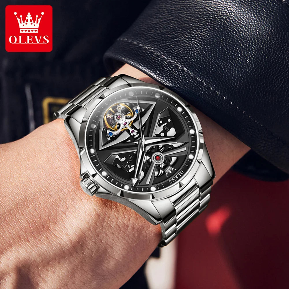 OLEVS 6655 Skeleton Fully Automatic Watch for Men Top Original Luxury Men's Mechanical Wristwatch Luminous Waterproof Man Watch