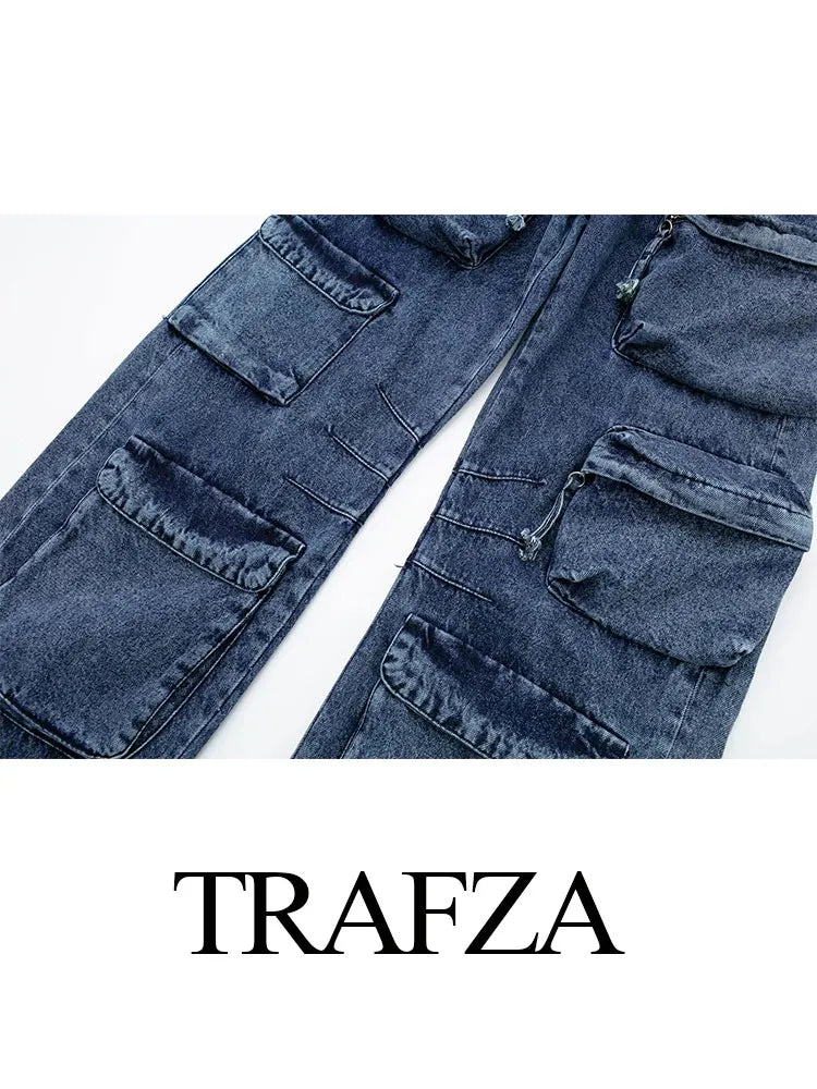 TRAFZA Women's Retro Denim Overalls Fashion High Waist Multi-Pocket Decoration Women's Zipper Trousers American High Street Jean