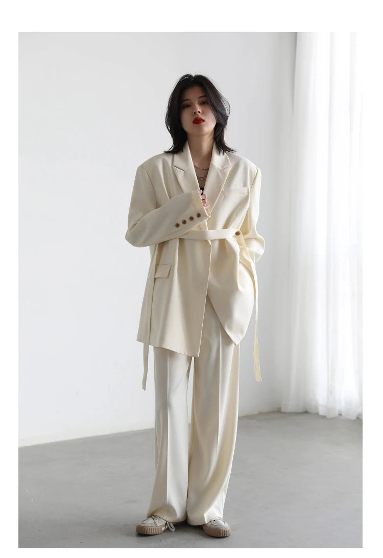 CHIC VEN Women Blazer Design Wide Shoulder Ribbon Solid Women's Medium Long Coat Office Lady Female Overcoat Spring Autumn 2022