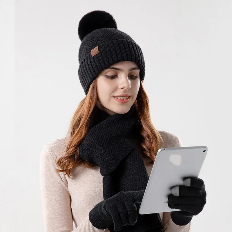 3pcs/set Winter Beanie Hat Scarf Touchscreen Gloves Set for Women Warm Knit Fleece Lined Hat Set Leather Label Fur Ball Cap