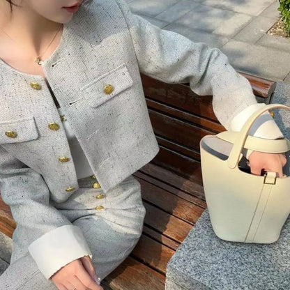 Women's Winter Fragrance Short Woolen Suit Wide-leg Pants Set Retro Casual Metal Button Crewneck Jacket Trousers Two-piece