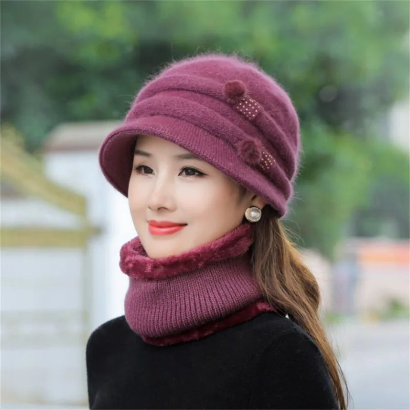 Women Winter Hat Keep Warm Cap Add Fur Lined CAPS And Scarf Set Warm For Female Casual Rabbit Fur Winter Knitted Bonnet