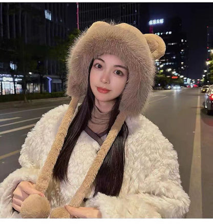 Winter Bear Plush Hat Outdoor Cycling Ear Protection Hat Thickened Warm Hat Casual Fleece Girls Hat Women's Warmth Essentials