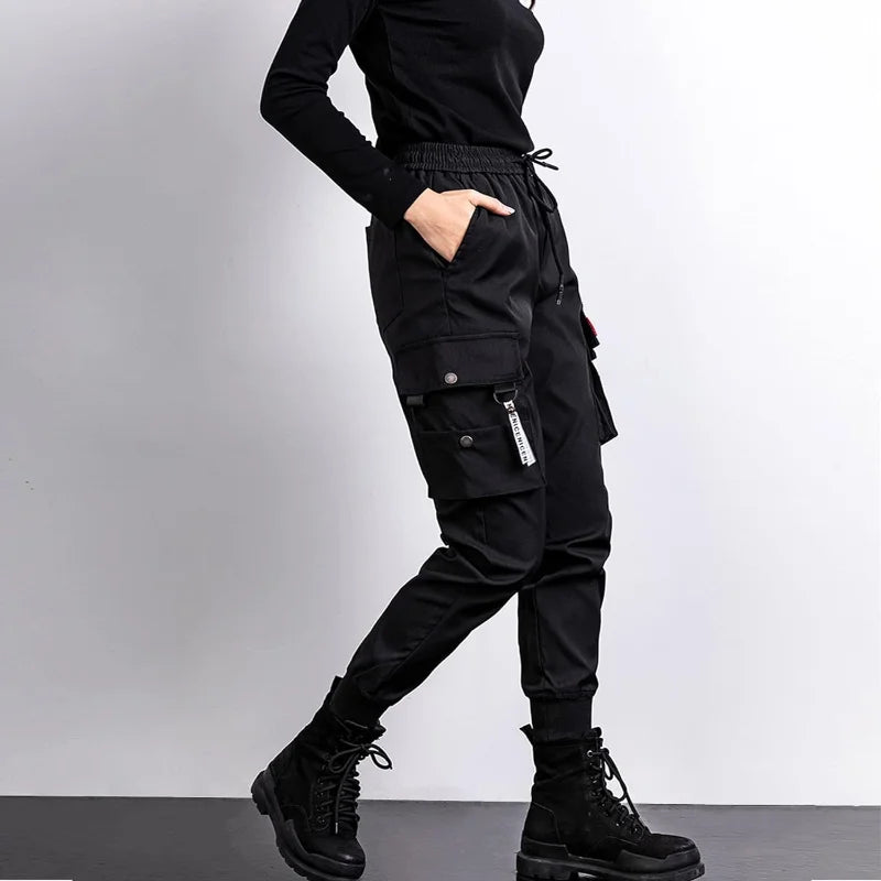 Y2K Black Cargo Pants for Women Hip Hop Big Pocket Joggers Sports Sweatpants Female Fashion Streetwear Casual Ankle Banded Pants