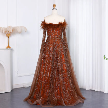 Sharon Said Off Shoulder Luxury Feather Brown Evening Dress with Cape Sleeve Navy Blue Women Wedding Party Gown SS135 Customized