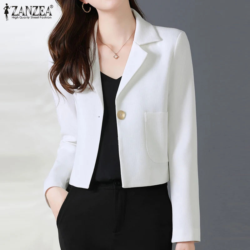 ZANZEA Stylish Women OL Work Blazer Autumn Elegant Office Lady Suits Blazer Casual Solid Crop Top Lapel Neck Long Sleeve Outwear