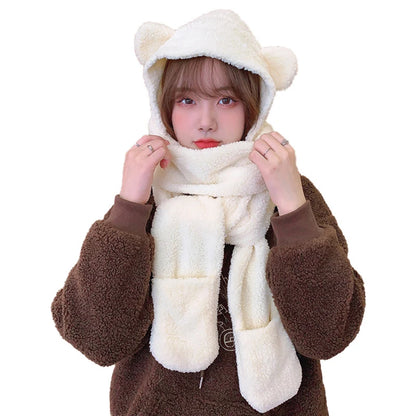 New Cute Bear Ear Hat Scarf Gloves Set Winter Women Beanies Caps Warm Casual Plush Hats Casual Solid Fleece Girl Kawaii Present