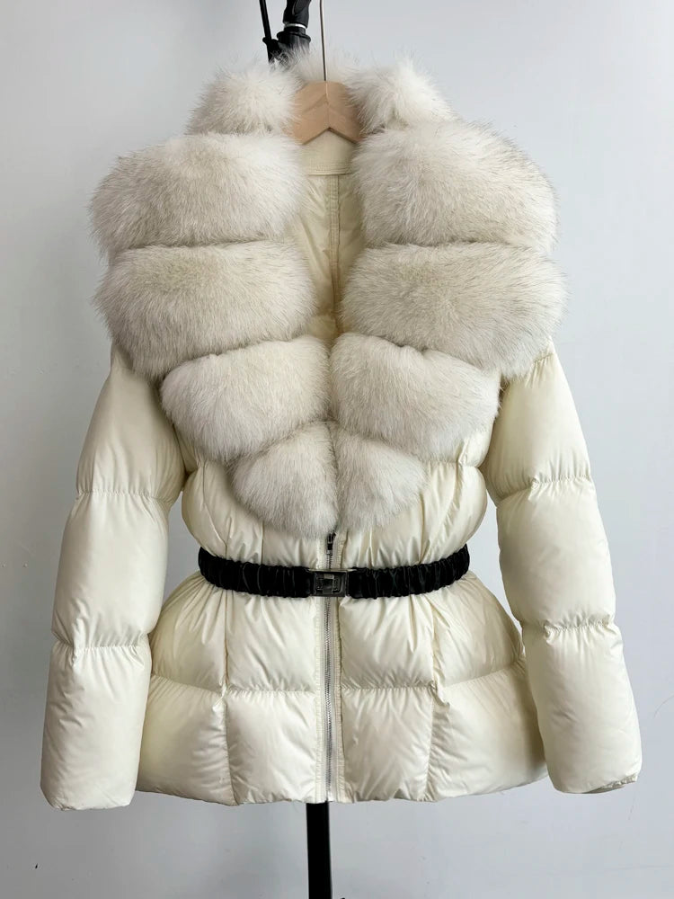 Janveny Super Big Real Fox Fur Winter Women 90% White Duck Down Jacket 2024 Ladies Slim Warm Puffer Coat Female Thick Parkas