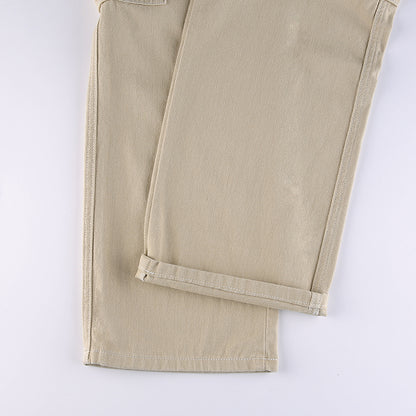 Women Solid Color Cargo Pants High Waist Straight-leg Buckle Jeans with Pockets Khaki Brown Baggy Casual Trousers