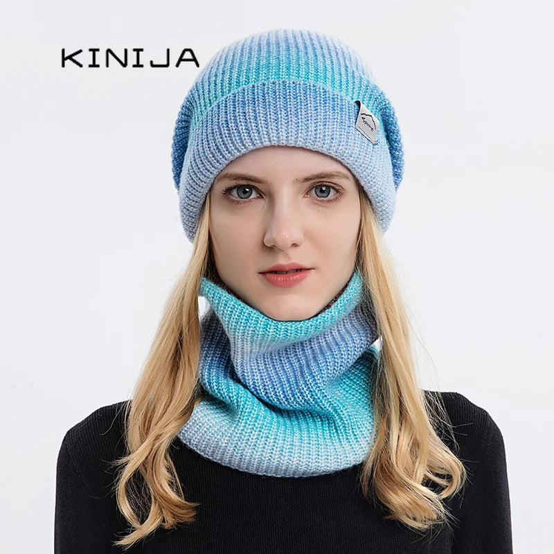 2021 New Women Winter Hat Gradient Striped Ski Hat Neck Warmer Female Tie Dye Beanie russia outdoor thicken plush Hat+Scarf Set