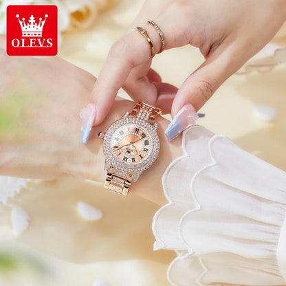 OLEVS Full Diamond Roman Dial Watch Women Luxury Elegant Stainless steel Waterproof High Quality Quartz Women's Watches 9943