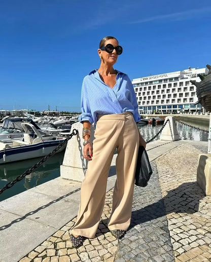 TRAFZA Women Fashion Khaki Elegant Loose Wide Leg Pants Casual Vintage High Waisted Side Zipper Female Long Trousers Streetwear