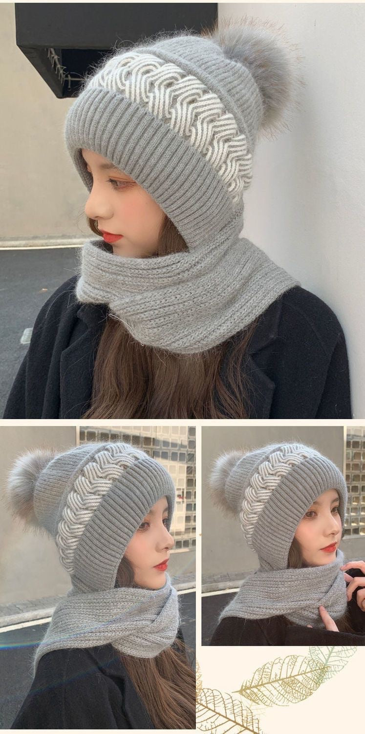 Hat Scarf All-in-one Female Winter Warm Rabbit Hair Knitted Cap Cycling Ear Protection Padded Cute Cold-proof Neck Cap