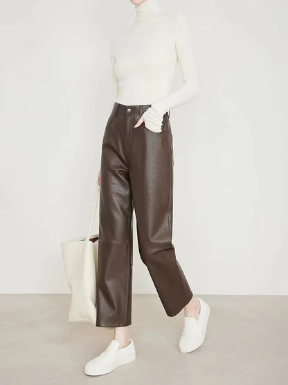 100% Leather Pants Women Autumn Winter Fashion Sheepskin High Waist  Slim French Baguette Pants Casual Straight Cropped Trousers