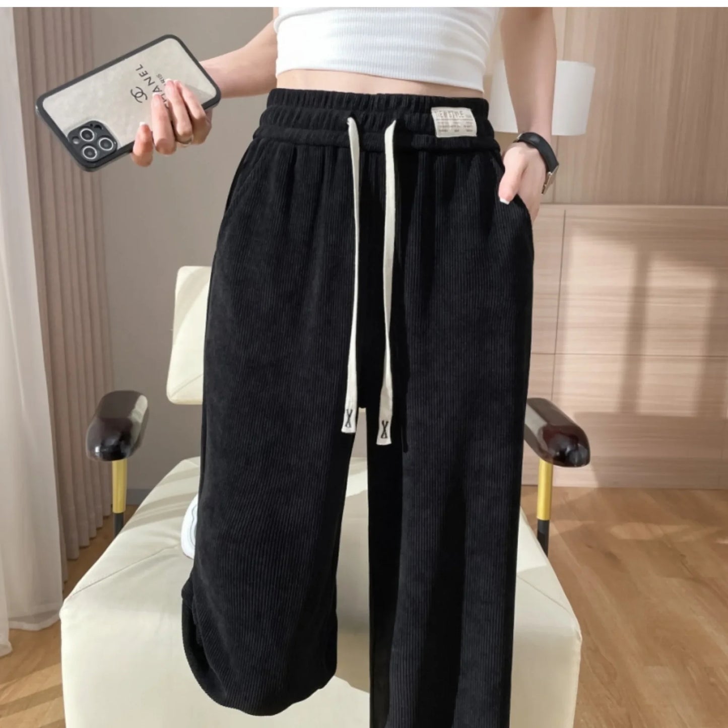 Autumn/winter Women's Chenille Bell Bottoms Fleece-lined Thickened For Petite Women Straight-leg Plus-size Pants