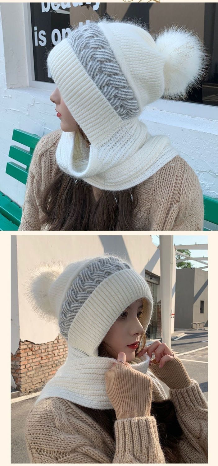 Hat Scarf All-in-one Female Winter Warm Rabbit Hair Knitted Cap Cycling Ear Protection Padded Cute Cold-proof Neck Cap