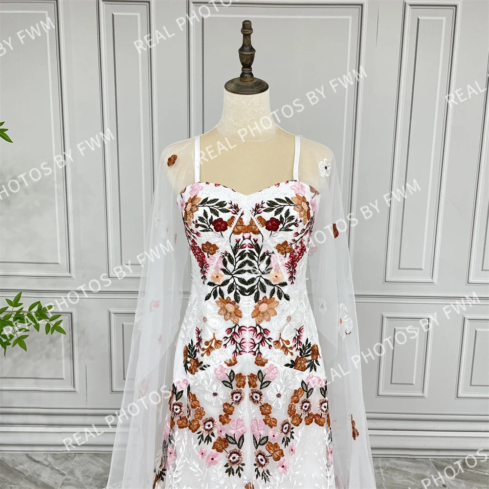 20058# Real Photos Colorful Flowers Embroidery Lace Wedding Dress Strapless Boho Low Back Customized Bridal Gown For Women 2024