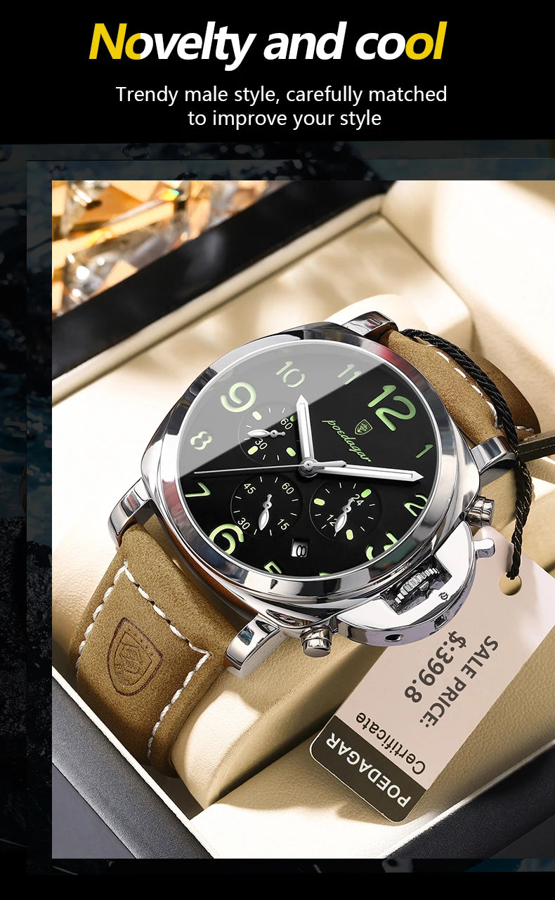 POEDAGAR Luxury Military Watch For Men Waterproof Luminous Date Chronograph Man Watch Sports Casual Leather Men's Quartz Watches