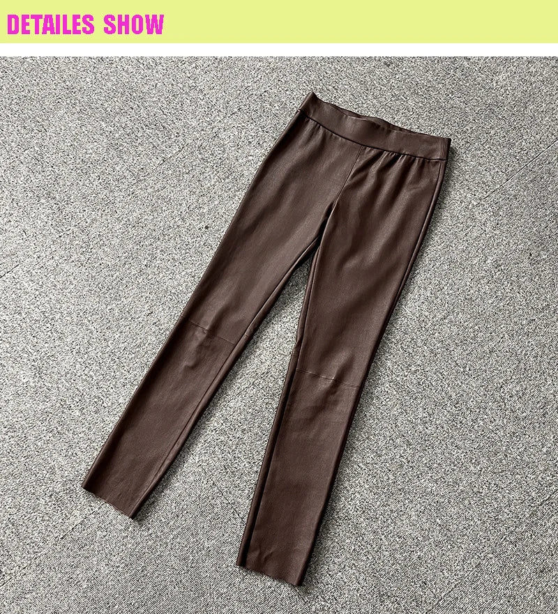 Women Clothing Genuine Leather Skinny Pants Simple Casual Elastic Waist Trousers Sheepskin All-Match Black/Coffee Frauen Hosen