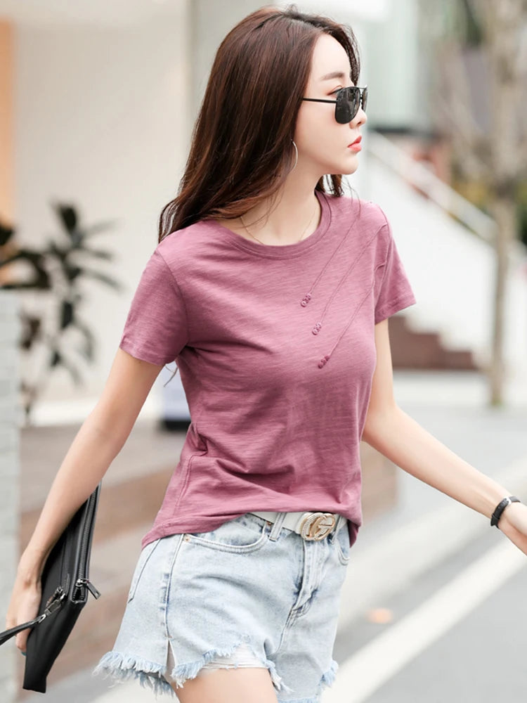 Summer Women Tee-Shirts Button Ribbed Cotton Top Loose Fashion T-shirts Women Streetwear Short Sleeve O-Neck Korean Tops