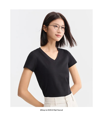 Semir Short Sleeve T-Shirt Women Slim V-Neck Positive Shoulder Simple 2024 New Antibacterial Summer Solid Colour Versatile T shi