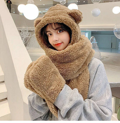 Fashion Winter Women Novelty Beanies Caps Warm Bear Ear Hat Casual Plush Hat Scarf Set Casual Solid Women Caps Present