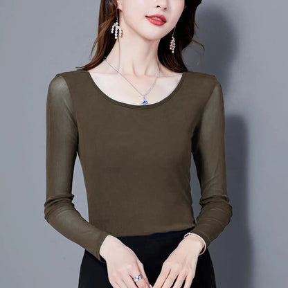 Women's New Mesh T Shirt S-4XL Basic O-neck Full Sleeve Shirt Women Slim Stretch Female Bottoming Blouses Green Ladies Tops