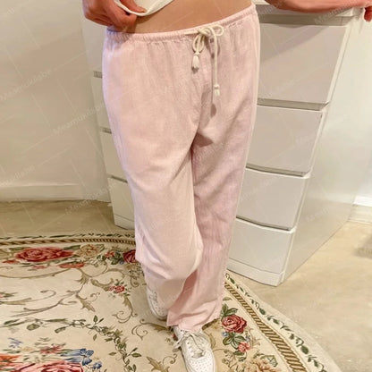 Maemukilabe Comfy Loung Pants Streetwear Tie Up Waist Wide Leg Trousers Y2K Vintage Striped Loose Pants Women Pajamas Sleepwear