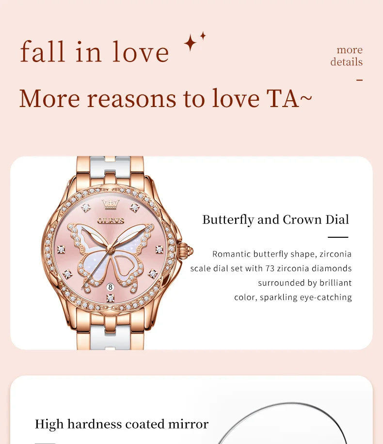 OLEVS 5610 Women's Watches Diamond Butterfly Design Dial Ceramic Strap Waterproof New Fashion Young Girl's Watches Set Gift