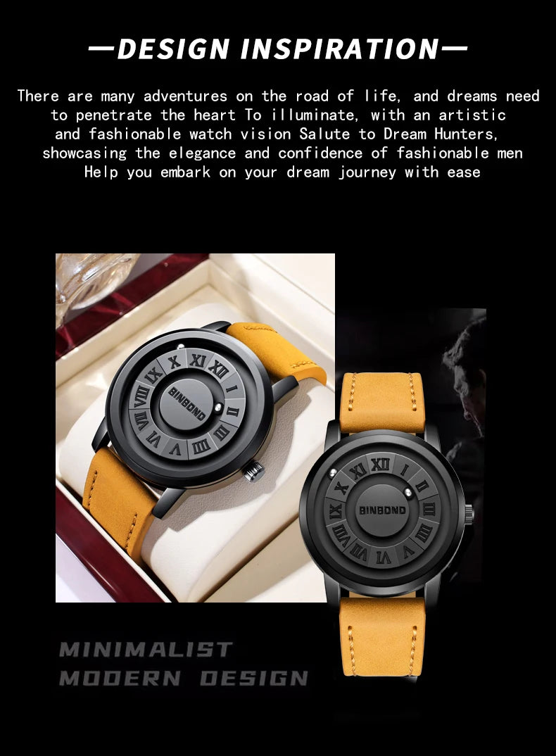 BINBOND Top Luxury Man Watch Waterproof Creative Scrolling Men Wristwatch High Quality Leather Men's Quartz Watches+Box Reloj