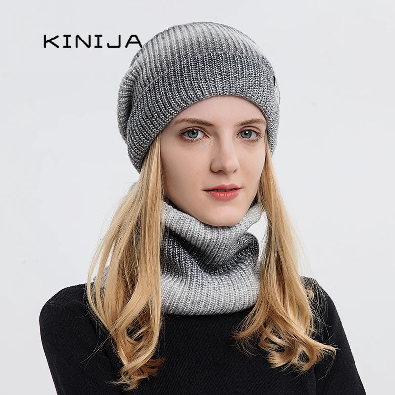 2021 New Women Winter Hat Gradient Striped Ski Hat Neck Warmer Female Tie Dye Beanie russia outdoor thicken plush Hat+Scarf Set