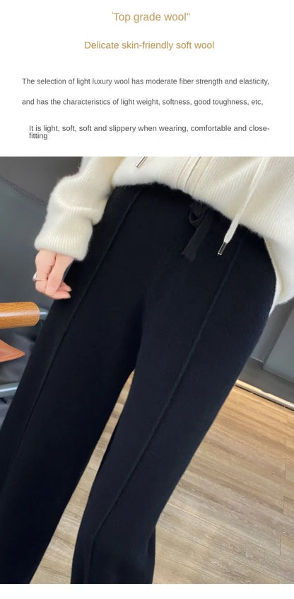 2023 autumn and winter new high-waisted wool mopping pants women's casual wide-leg pants hang out knitted woolen pants