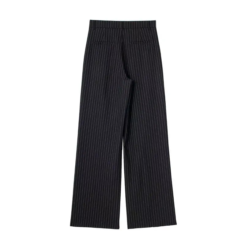 Wixra Women Casual Pants Zipper High Waist Package Striped Office Lady Stylish Loose Straight Trousers