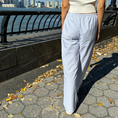 Maemukilabe Comfy Loung Pants Streetwear Tie Up Waist Wide Leg Trousers Y2K Vintage Striped Loose Pants Women Pajamas Sleepwear