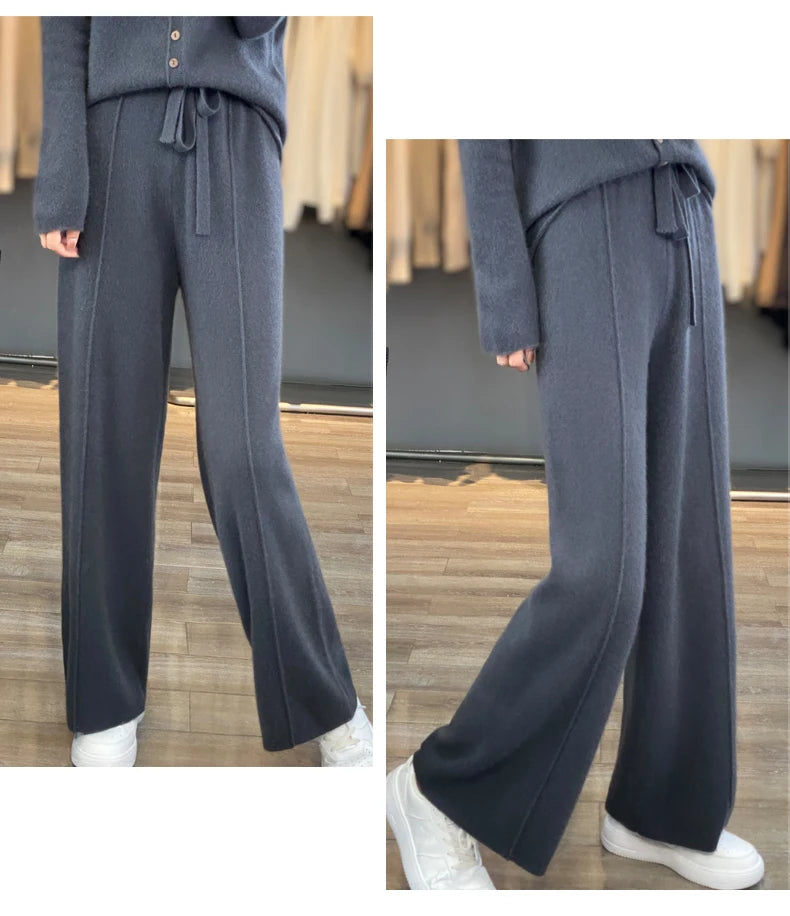 2023 autumn and winter new high-waisted wool mopping pants women's casual wide-leg pants hang out knitted woolen pants