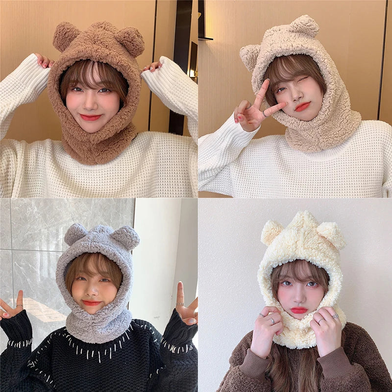 New Cute Bear Ear Hat Scarf Gloves Set Winter Women Beanies Caps Warm Casual Plush Hats Casual Solid Fleece Girl Kawaii Present