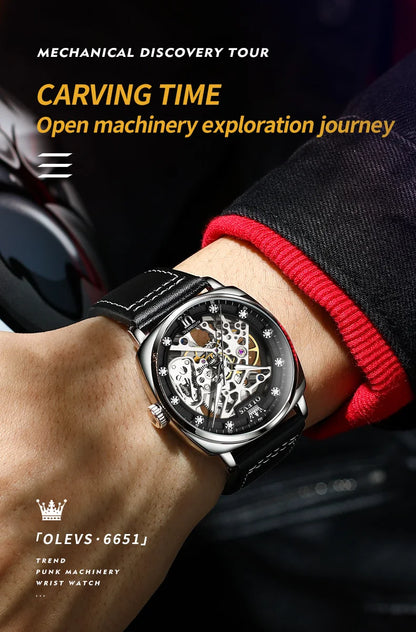 OLEVS 6651 Original Men's Automatic Watches Fashion Casual Tonneau PUNK Style Hollow Out Mechanical Writwatch Luxury Man Watch