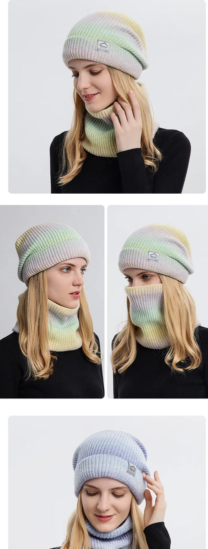 2021 New Women Winter Hat Gradient Striped Ski Hat Neck Warmer Female Tie Dye Beanie russia outdoor thicken plush Hat+Scarf Set