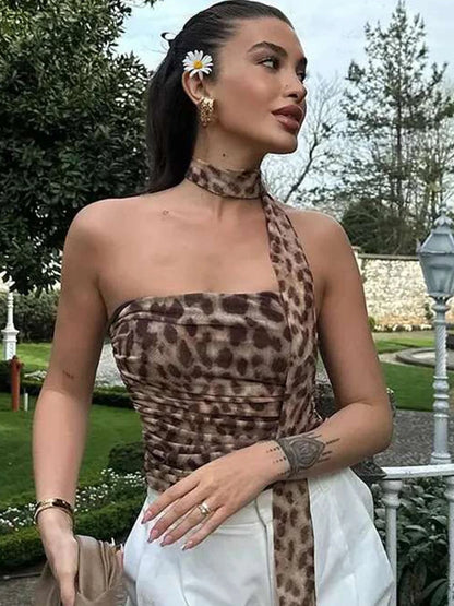 Ruched Leopard Print Tulle for Top Women Halter Sleeveless Off Shoulder Tops 2024 Summer Backless Lady Beach Chic Corset