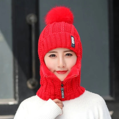 Winter Women's Knitted Caps Plush Pullover Earmuff Bib Cap For Warmth Bonnet Hivers Femme Strickmütze Pompom Fur Warm Hat