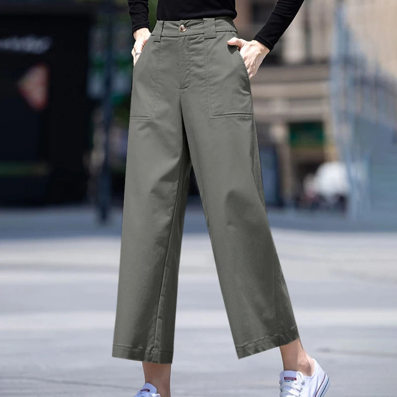 ZANZEA Women Straight Long Pants Casual Loose Wide Leg Trousers 2024 Summer High Waist Pantalons Holiday Solid Pockets Pants