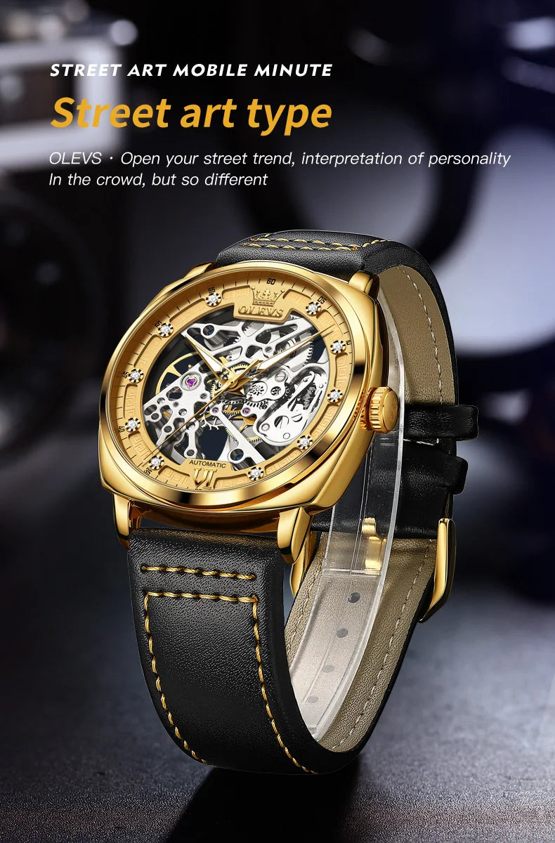 OLEVS 6651 Classic Automatic Mechanical Watch For Men Hollow Skeleton Luxury Leather Wrist Watches Waterproof Luminous Man Watch