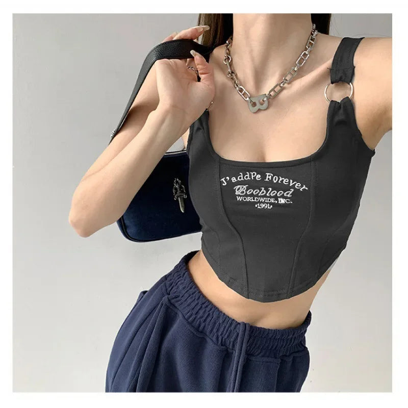 Striped bra pad tank top Y2K solid color short women's T-shirt tank top exposed navel top sleeveless exposed navel tank