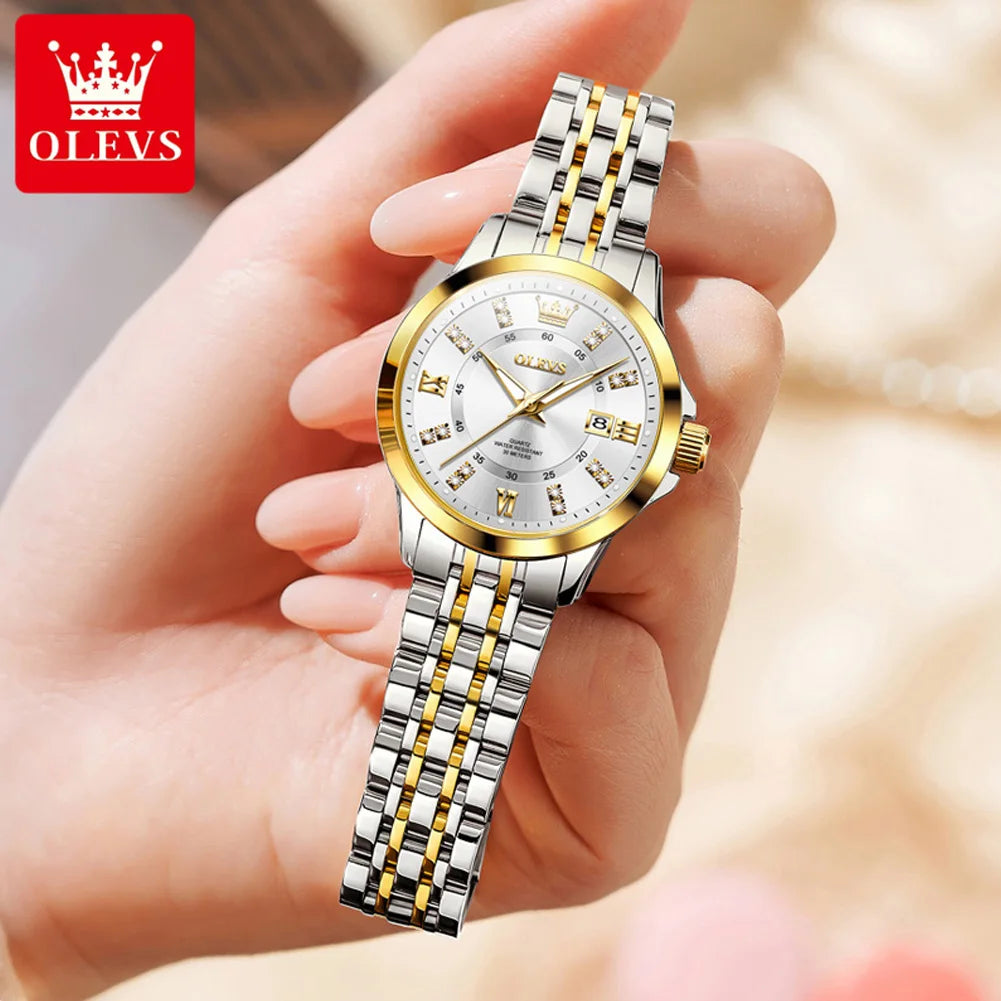 OLEVS Women's Watches Elegant Fashion Original Quartz Watch for Lady Waterproof Stainless Steel Luminous Date Bracelet Gift 2024