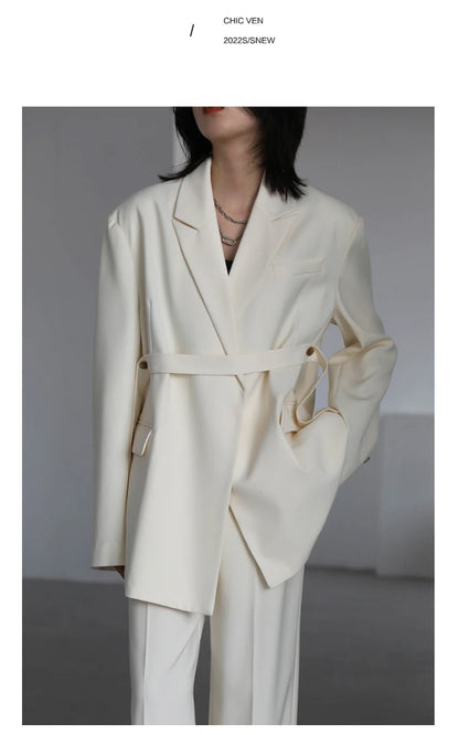 CHIC VEN Women Blazer Design Wide Shoulder Ribbon Solid Women's Medium Long Coat Office Lady Female Overcoat Spring Autumn 2022