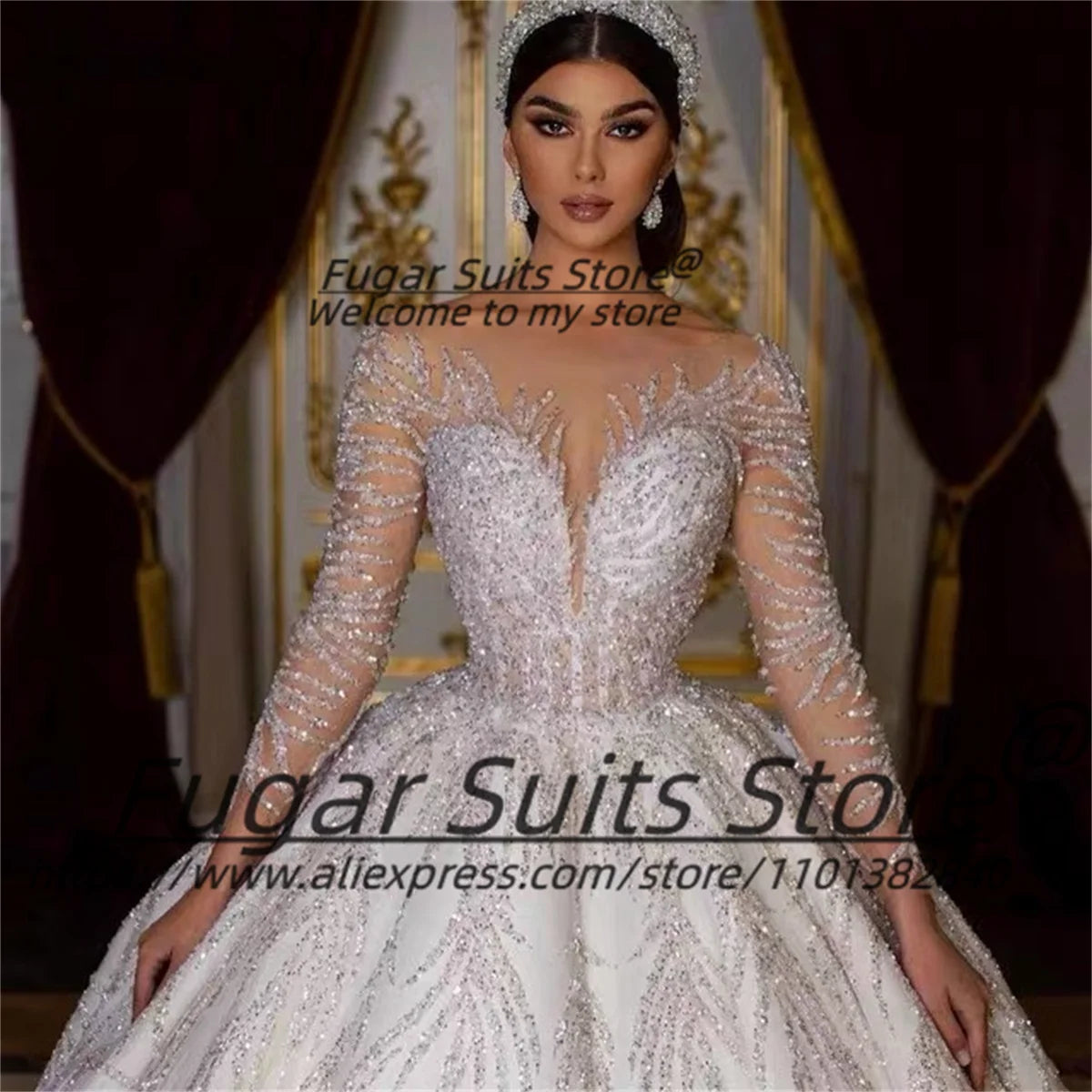 High-end O-neck Beading Bridal Wedding Dress Elegant Long Sleeve Sexy Ball Gown Long Bridal Solemn and Luxuly vestido de novia