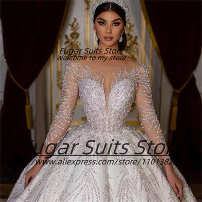 High-end O-neck Beading Bridal Wedding Dress Elegant Long Sleeve Sexy Ball Gown Long Bridal Solemn and Luxuly vestido de novia