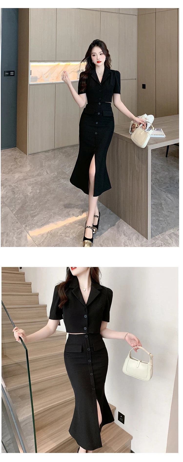 Elegant Formal 2 Pieces Outfits Women Professional Cropped Short Tops Shirt Blouse Slit Midi Skirt Sets Mujer Business Clothes