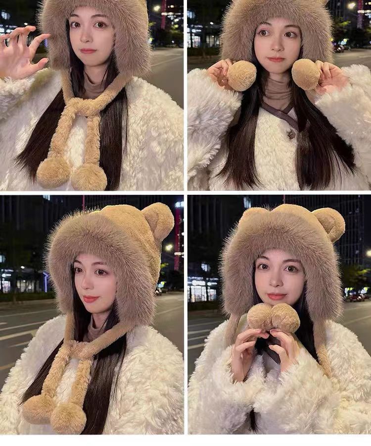 Winter Bear Plush Hat Outdoor Cycling Ear Protection Hat Thickened Warm Hat Casual Fleece Girls Hat Women's Warmth Essentials