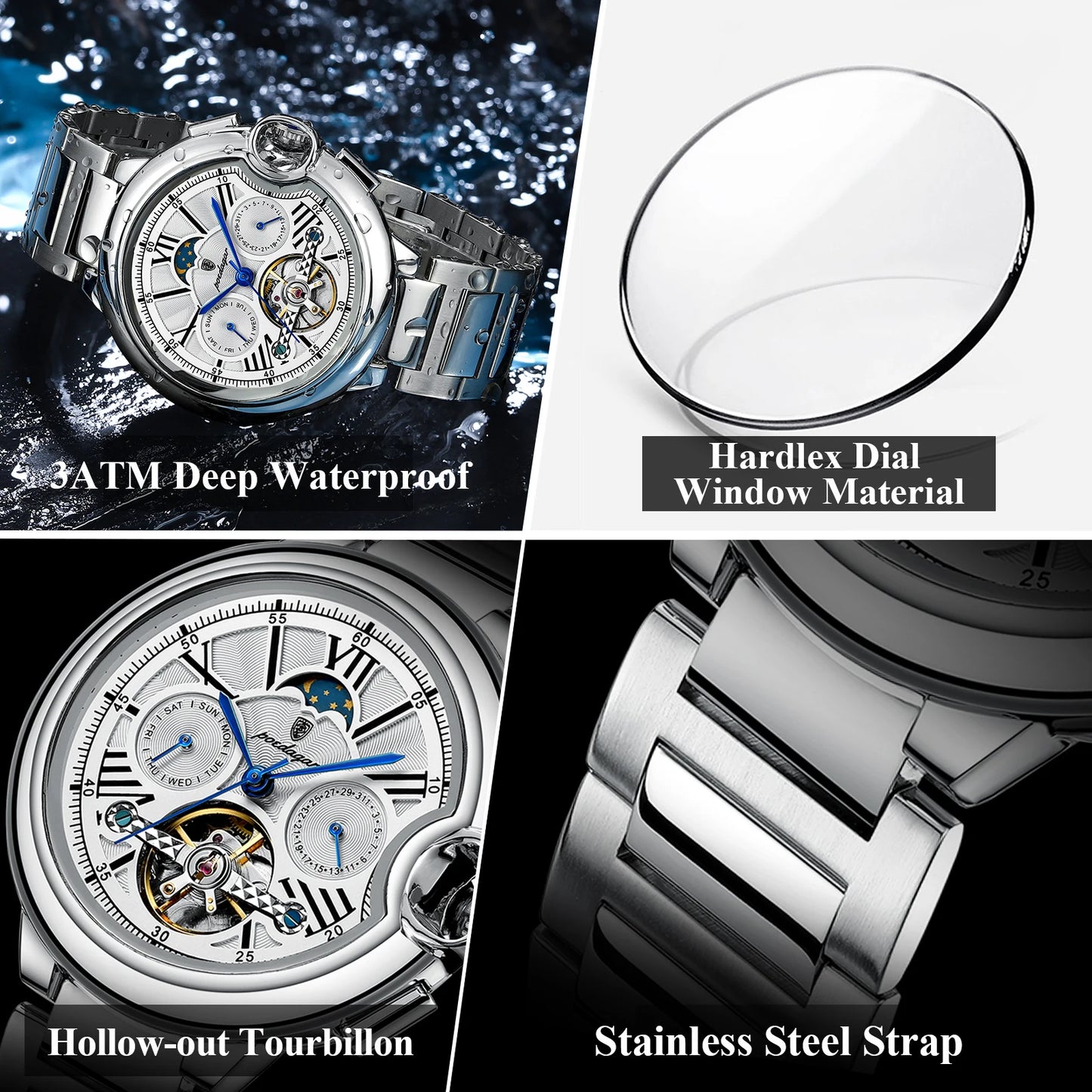 POEDAGAR Luxury Man Watch Hollow Tourbillon Automatic Mechanical Men Watch Waterproof Date Week Stainless Steel Men's Watches